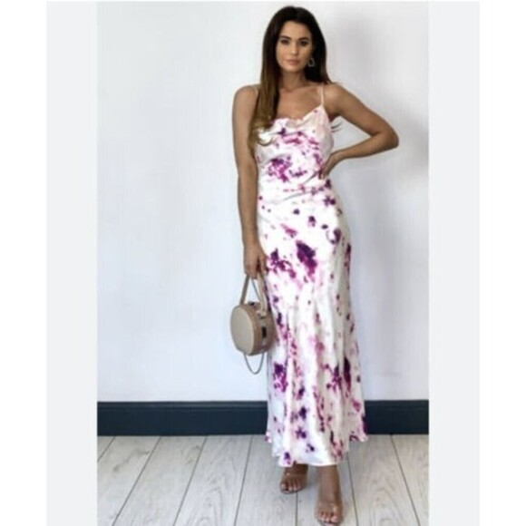 Bardot Women's Size 8 Tie Dye Satin Slip Dress Maxi Purple White Open Back Cowl - Picture 1 of 10